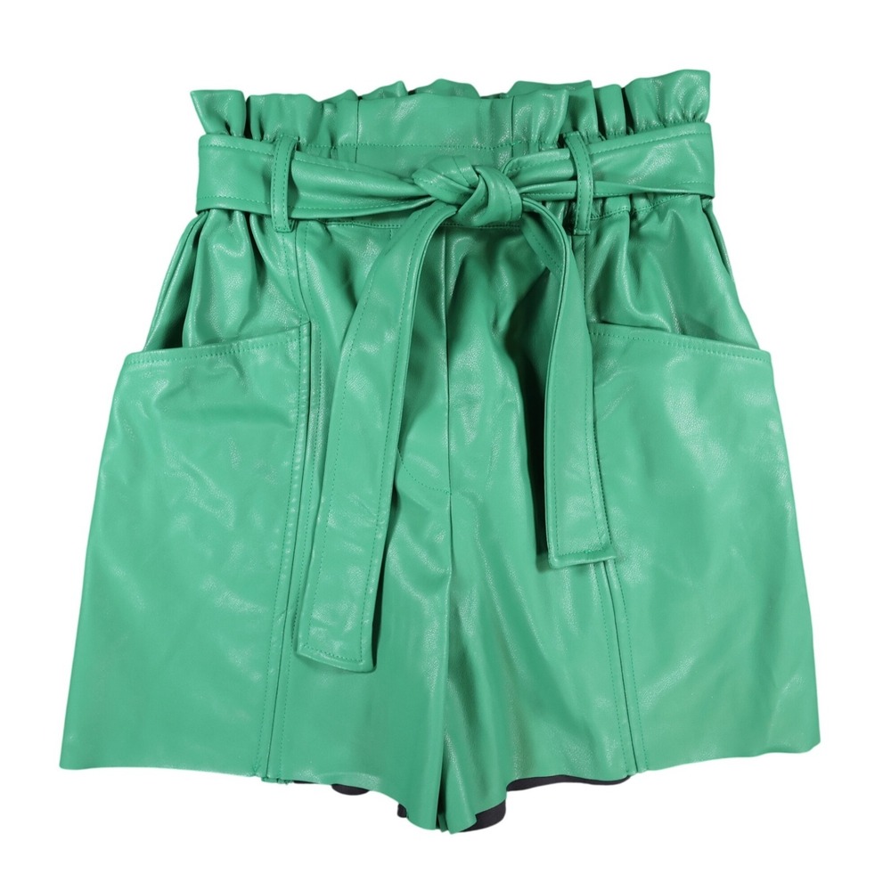 Wild Pony Shorts Womens XS Green Faux Leather Paperbag Waist Belted High Rise